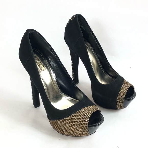 Wild Pair Suede Gold Mesh Peep Toe Heels Size 7.5 - Picture 2 of 15